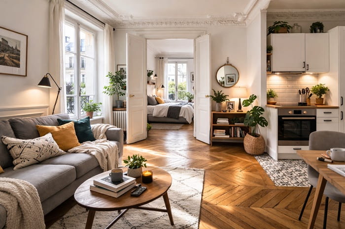 Appartement ancien à Paris avec parquet et chambre en enfilade, illustrant l’optimisation d’espace pour un primo-accédant