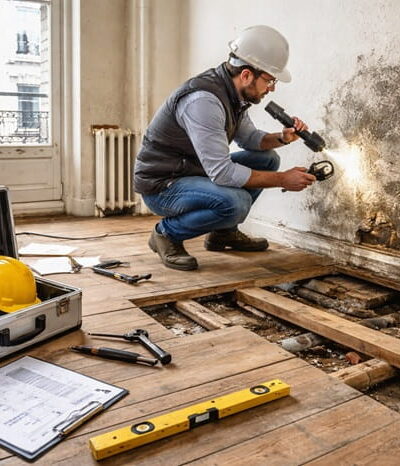 Expert inspectant un mur humide et un plancher ouvert dans un appartement ancien
