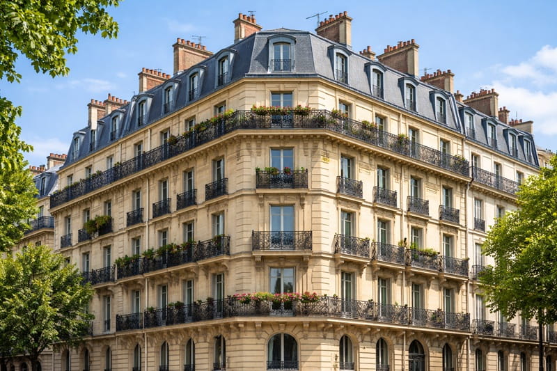 Façade en pierre d’un immeuble ancien avec balcons en fer forgé dans le 11ᵉ arrondissement de Paris