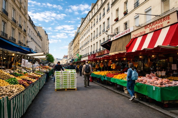Étals du marché d’Aligre avec commerces alimentaires dans le 12ᵉ arrondissement