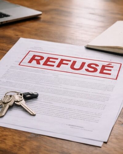 Document écrit d’offre d’achat immobilière marqué « refusé », posé sur un bureau avec des clés de logement.