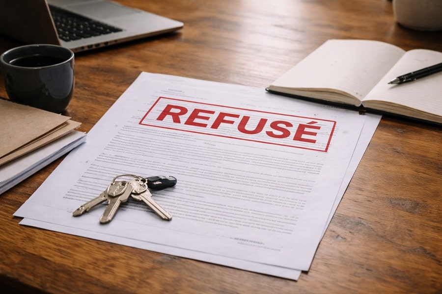 Document écrit d’offre d’achat immobilière marqué « refusé », posé sur un bureau avec des clés de logement.