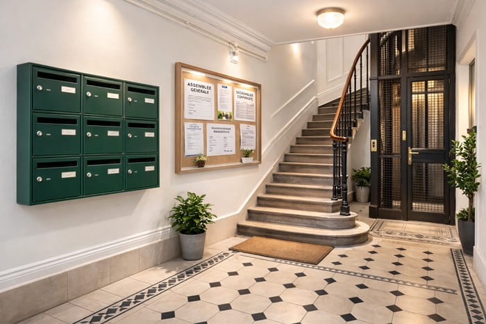 Hall d’immeuble parisien avec boîtes aux lettres et escalier ancien, élément clé d’analyse pour un primo-accédant