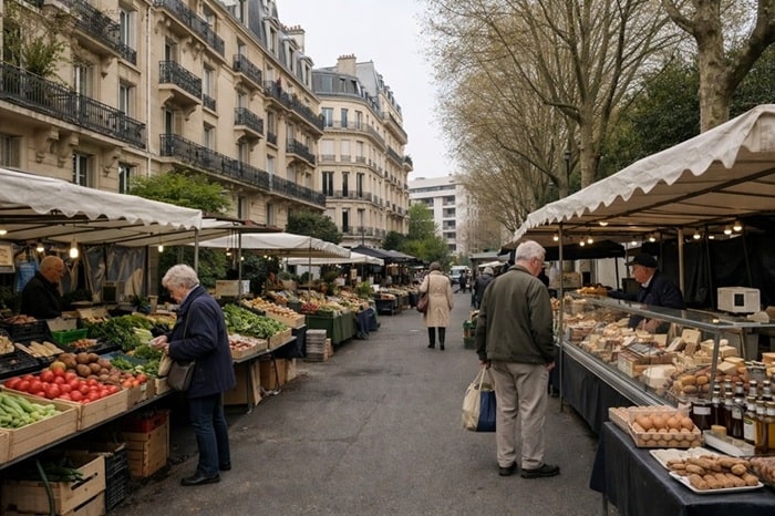 Marché de quartier à Neuilly-sur-Seine dans un secteur résidentiel calme, étals sobres et ordonnés, architecture élégante en arrière-plan, photographie réaliste au format paysage.